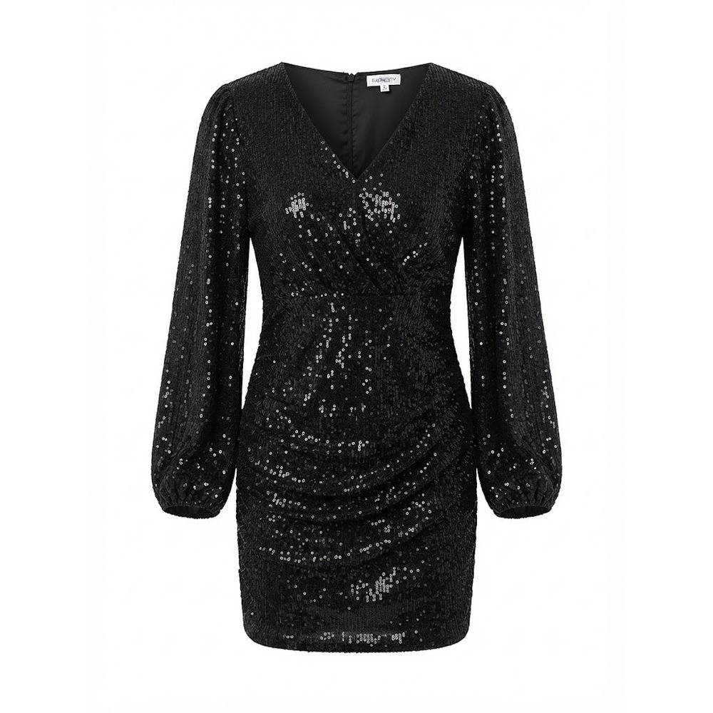 Faeriesty Sequin Cocktail Dress Women 1XL Black V-Neck Ruched Sparkle Night Out